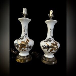 Vintage Pair 1960s Mid Century Ivory Off White 24K Gold Leaf Table Lamps